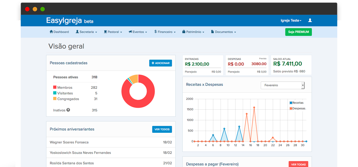 Interface do sistema EasyGreja mostrando recursos completos de gestão eclesiástica